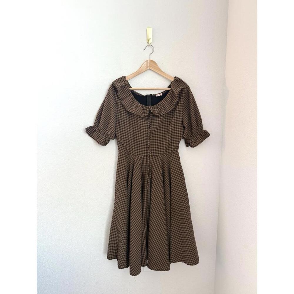 Ivy City Co Collared Brown Gingham Check Briar Dress Full Swing Cottage Sz L